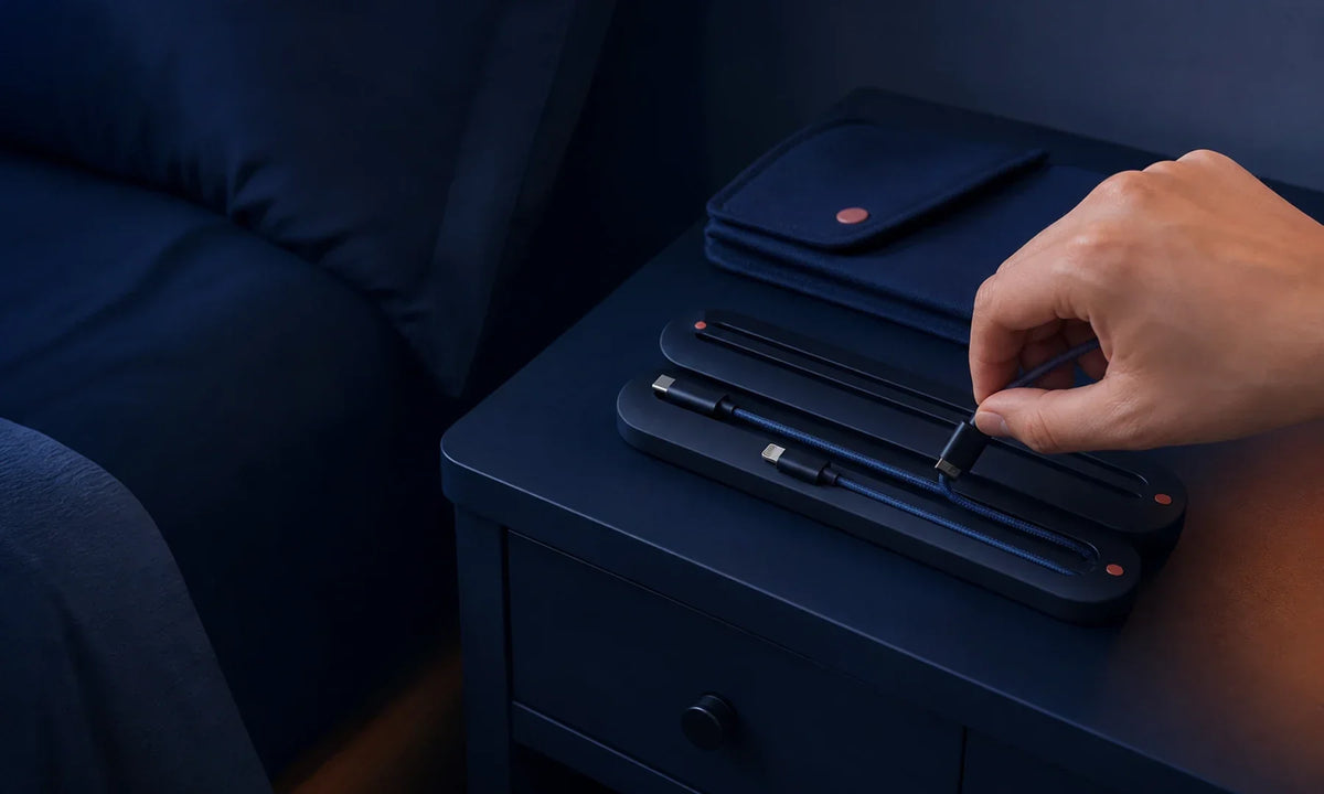 Hand returning low-voltage cables to a midnight bedside organizer
