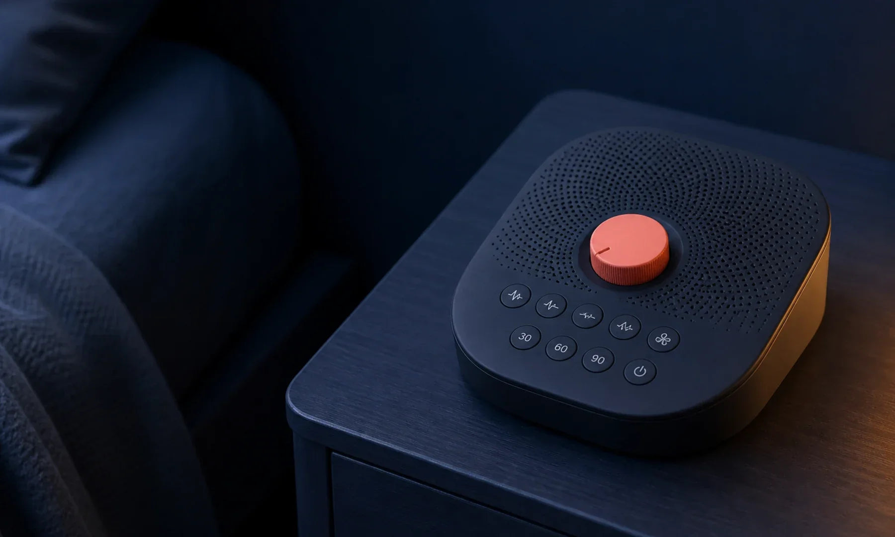 Physical-control sound machine alone on a dry deep-indigo nightstand