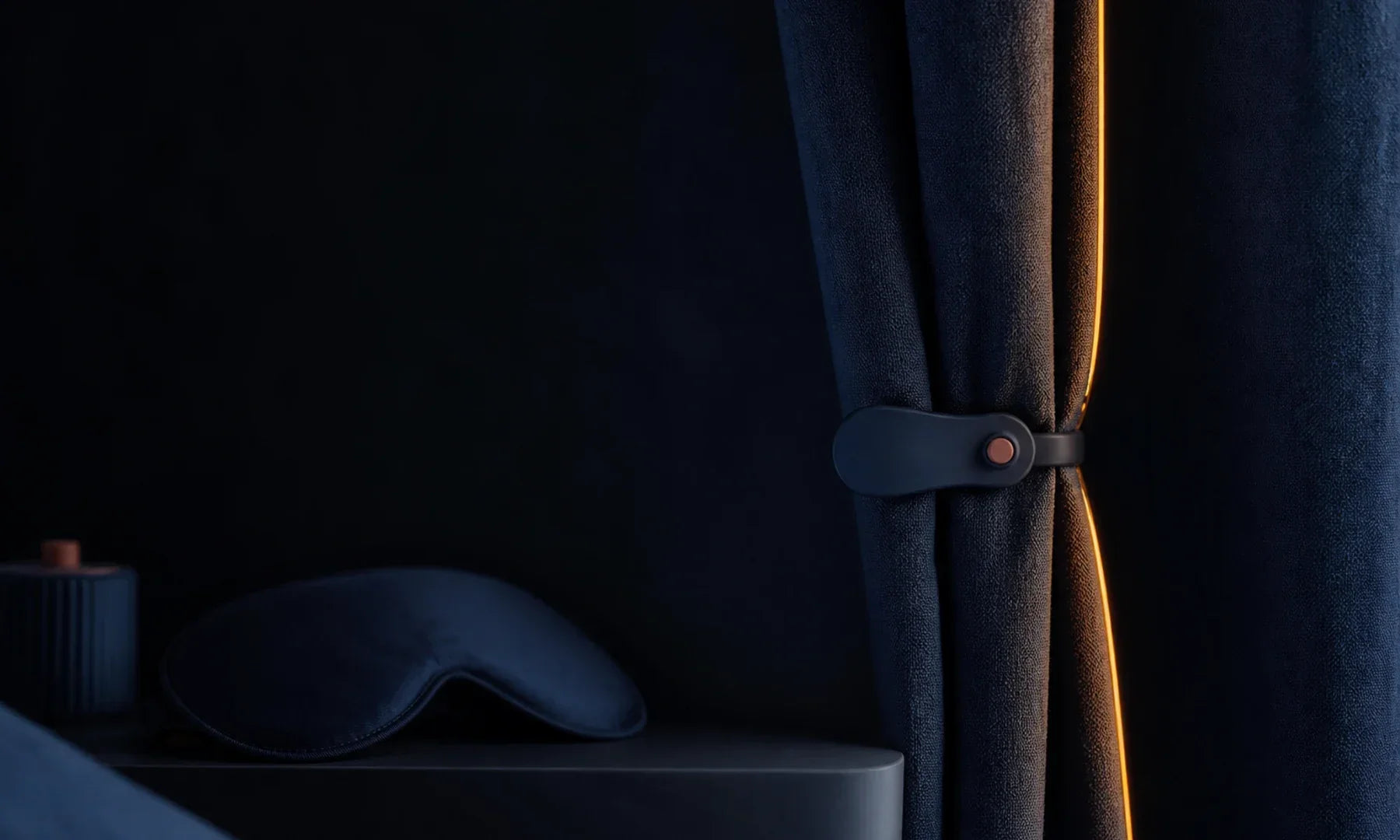 Deep-indigo curtain overlap, removable clip, and contour mask at dusk
