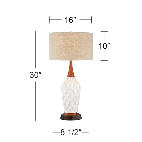 Rocco 30" Large Table Lamp White Ceramic USB Workstation Base Oak Wood - view 4