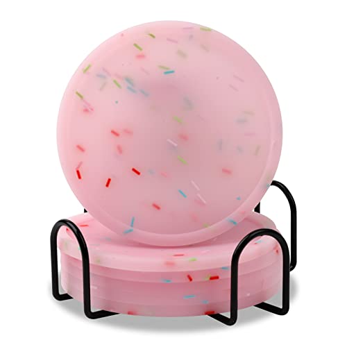 Silicone Coasters with Holder, Cute Drink Coaster for Nightstand, Glow in Dark, Gift Idea,Cup Coaster for Drinks, Desk Coasters in Office，Sprinkle Coaster, Rubber Coaster Set, 6 pcs, Pink