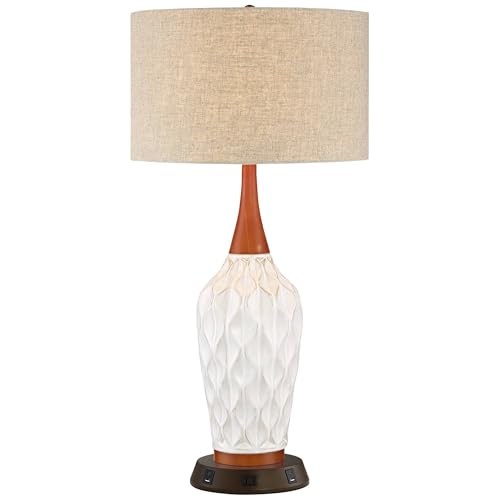 Rocco 30" Large Table Lamp White Ceramic USB Workstation Base Oak Wood