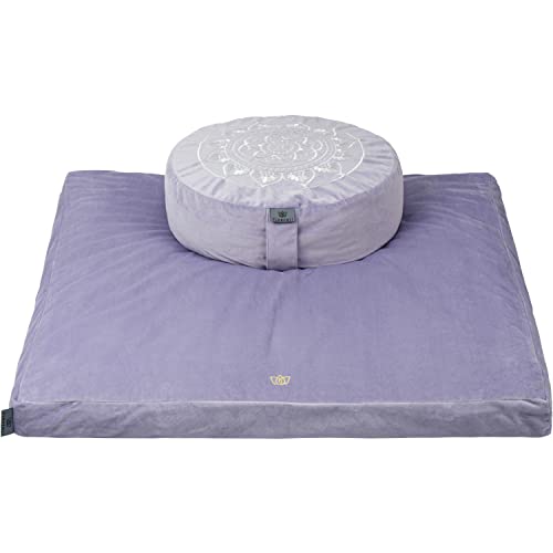 Meditation Cushion & Zabuton Meditation Mat Bundle- Premium Velvet Meditation Pillow for Women and Men,Washable Cover, Buckwheat Round Floor Pillow & 100% Cotton Square Floor Cushion
