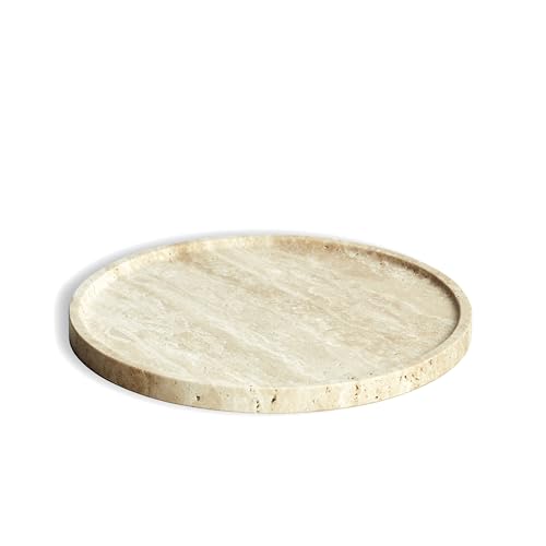 Travertine Marble Vanity Tray, Round Ottoman Tray Minimalist Modern Decorative for Bathroom, Kitchen, Nightstand, Jewelry Ring Dish Holder, Table Accents Decor (Beige Travertine)