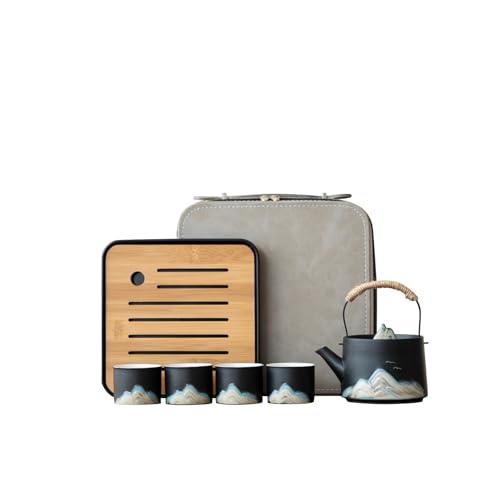 Chinese Tea Set – Black Porcelain Gongfu Teapot with 4 Black Cups & Tea Tray & Tea Strainer, Travel Tea Set with Carrying Case for Tea Ceremony, Daily Tea Ritual, Asian Style Gift