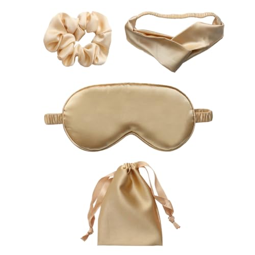 Silk Eye Mask Sleep Patch 4pcs Set Gold Artificial Silk Blindfold Hair Tie Hairband Kit for Comfortable Night Sleep and Travel