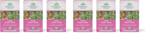 Tulsi Sweet Rose Herbal Tea - Holy Basil Leaf, African Basil, Chamomile, Lemon Myrtle, Stress Relieving, Caffeine Free - 18 Bags, 6 Pack