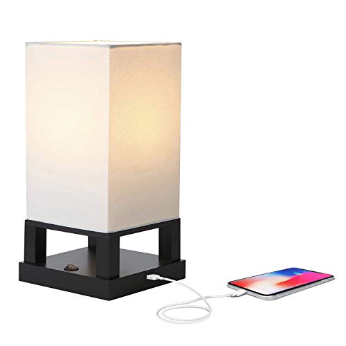Maxwell Bedside Lamp with USB Port – Compact Table Lamp for Bedroom, Living Room - Modern Asian Nightstand Lamp with Wood Frame - LED Bulb, Soft Light - Black