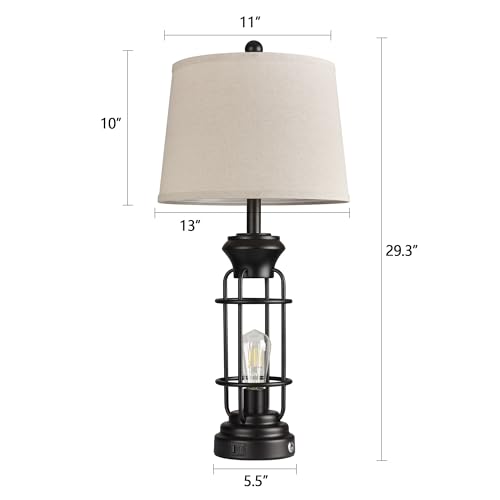 Table Lamp Set of 2 with USB Ports, 28" Tall Farmhouse Table Lamp with 2 Nightlight Bulbs,Touch Control Table Lamps for Bedroom, Rustic Bedside Lamp for End Tables,Bulbs Included,Black - view 7
