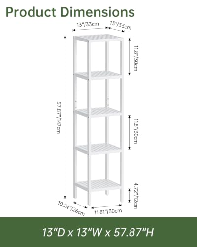 Bathroom Storage Shelf, 5-Tier Bamboo Rack Organizer, Multifunctional Shelving Unit for Living Room Bedroom Kitchen (White) - view 2