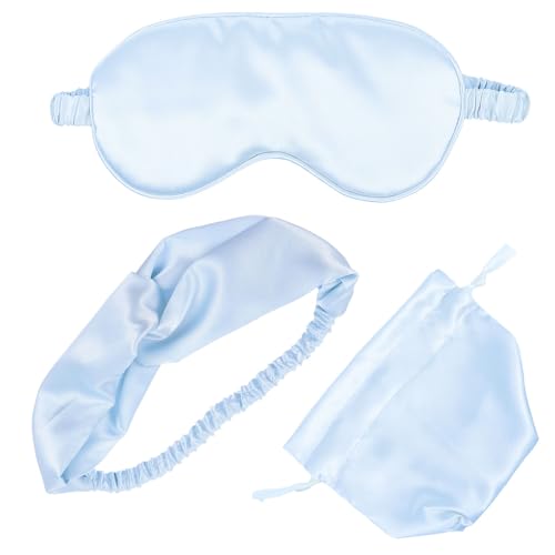 Silk Sleep Mask Set with Headband and Pouch, 3 Piece Eye Cover Kit