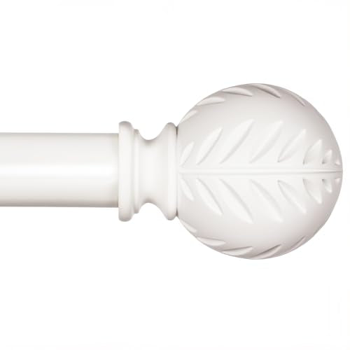 White Boho Wood Curtain Rods for Windows 48 to 84 Inch - 1 inch Diameter Heavy Duty Curtain Rods with Imitation Wood Grain Leaf Pattern Finials,Adjustable Decorative Curtain Rods Set,28-88''