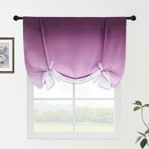 Ombre Thermal Insulated Tie Up Curtains for Small Windows Gradient Purple to Grey White Blackout Room Darkening Shades for Bedroom Kitchen Rod Pocket Balloon Curtain W34 X L48 Inches, 1 Panel