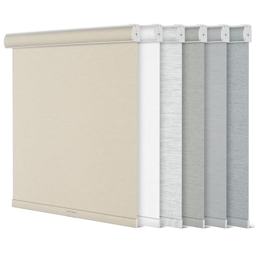 Blackout Roller Shades for Windows,Free-Stop Cordless Roller Blinds with Cassette Valance,Striped Jacquard Window Shades for Bedroom,Thermal Insulated Fabric,Beige,45.5" W x 76" H