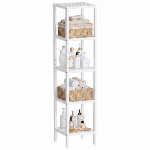 Bathroom Storage Shelf, 5-Tier Bamboo Rack Organizer, Multifunctional Shelving Unit for Living Room Bedroom Kitchen (White)