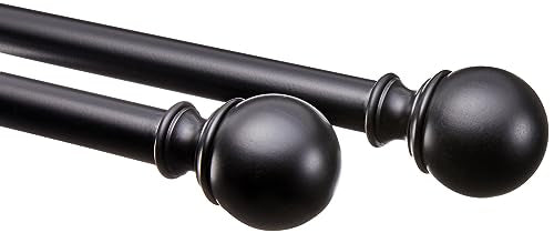Adjustable Curtain Rod for Windows with Round Finials, 1-Inch Rod, 36" to 72", Black, 1-Pack