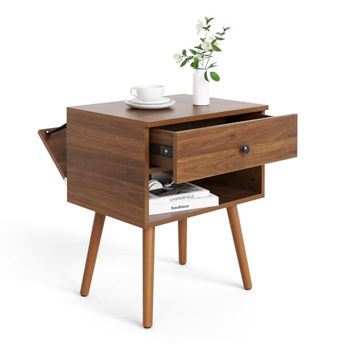 Hidden Compartment Nightstands, Mid Century Modern Concealment Furniture, Bedside Table with Wood Legs, End Table with Storage Drawer for Bedroom (1,Walnut)