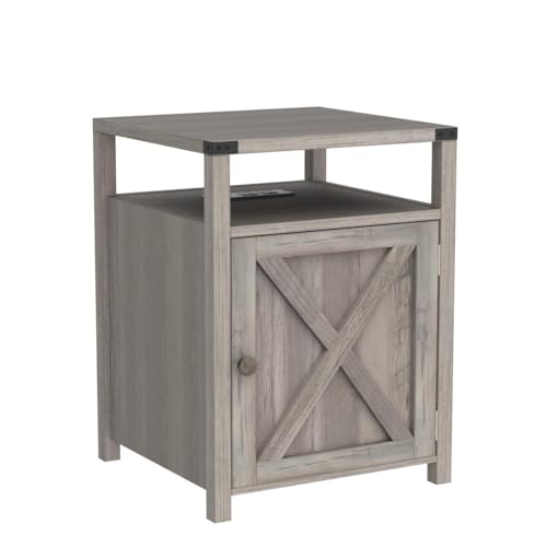 Farmhouse Nightstand with Charging Station, Rustic End Table, Grey - view 4