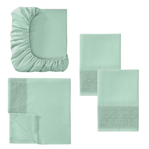 Seafoam Microfiber Bed Linen Set - 4Pcs Luxurious Crochet Lace Sheets & Pillowcases, King, Deep Pocket, Stain Resistant - view 5