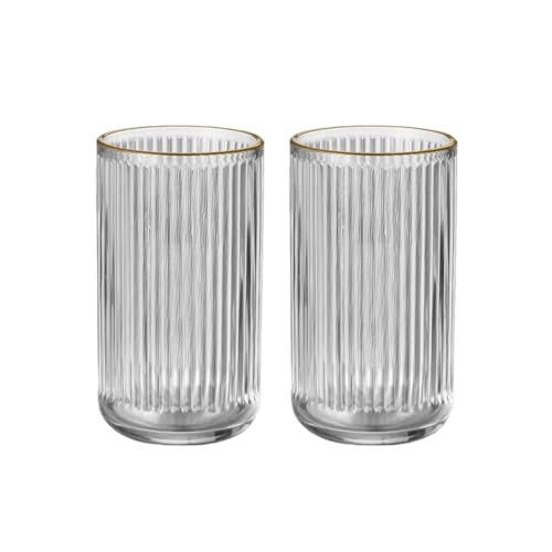 Glass Toothbrush Holder Cup | Crystal Clear Tumbler Makeup Brush Holder for Bedside Table, Bathroom, Vanity, 2Pack Crystal Glass with Gold Rims (Tall Clear+Gold Rims 2pcs)