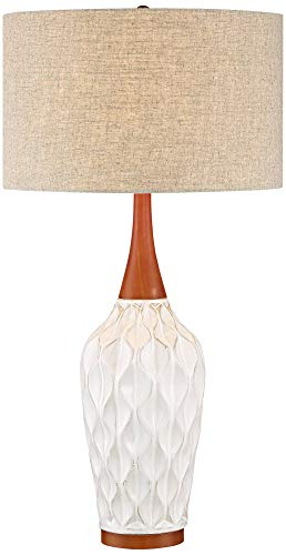 Rocco 30" Large Table Lamp White Ceramic Wooden Geometric Wave Oak - view 2