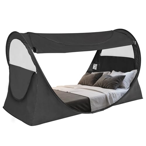 Privacy Pop Up Bed Tent for Twin Bed, Easy Setup Blackout and Breathable Mesh Bed Canopy Lightweight Portable Sleep Pod with Carry Bag Dream Tent for Indoor Outdoor Use- Twin/Black