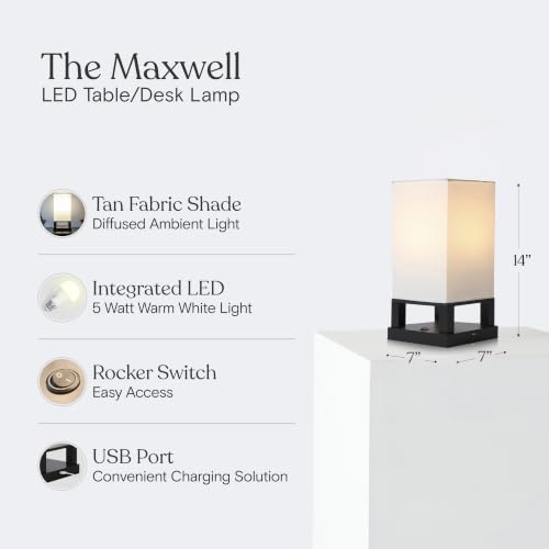 Maxwell Bedside Lamp with USB Port – Compact Table Lamp for Bedroom, Living Room - Modern Asian Nightstand Lamp with Wood Frame - LED Bulb, Soft Light - Black - view 4
