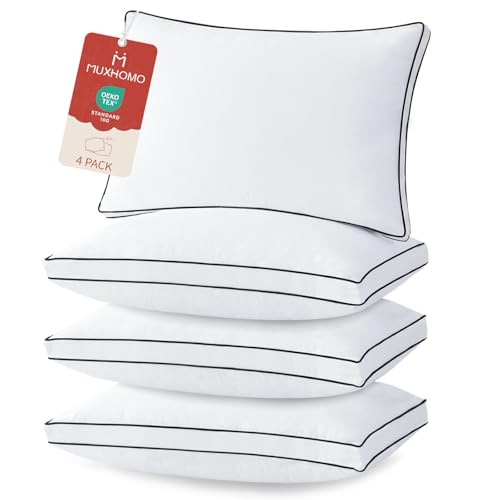 Bed Pillows Queen Size Set of 4, Gusseted Sleeping Pillows for Side, Back, and Stomach Sleepers, Hotel Quality, Oeko-Tex Certified Fluffy Supportive Down Alternative Filling, White, 4 Pack