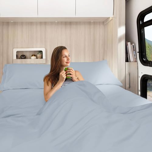 Ice Blue Short Queen Sheets for RV, Hotel Luxury RV Queen Sheets Set, 4 Piece Fitted Bed Sheet Set and Pillowcases, Super Soft, Wrinkle-Free, and Breathable Camper Bedding - view 7