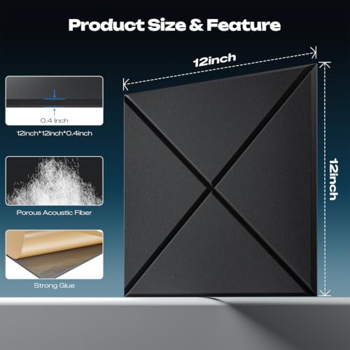 12 Pack X-Lined Acoustic Panels with Self-Adhesive, 12"X 12"X 0.4" Sound Proof Foam Panels, Decorative Soundproof Wall Panels, Sound Absorbing Tile for Home & Offices, Black - view 5