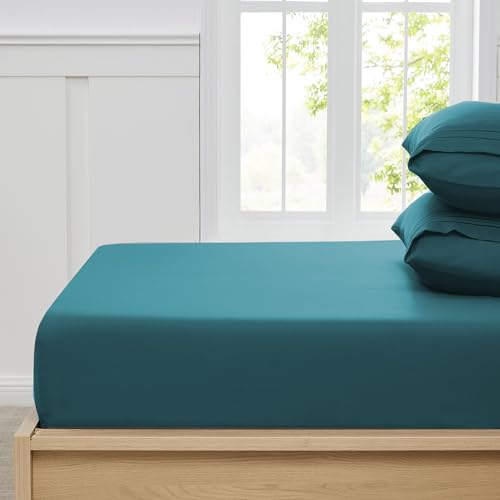 King Size Fitted Sheet Only with Full Elastic & Built in Corner Sheet Straps to Prevent Shifting - Soft & Breathable Brushed Microfiber Bottom Sheet, King, Teal - view 3
