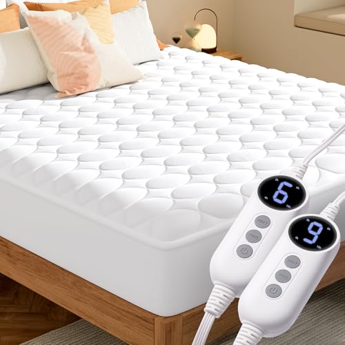 Heated Mattress Pad King Size with Dual Control - Electric Mattress Pads with 9 Heating Settings Controller & Auto Off 10 Hrs, Deep Pocket Bed Warmer for Bedroom Car, ETL Certified,White
