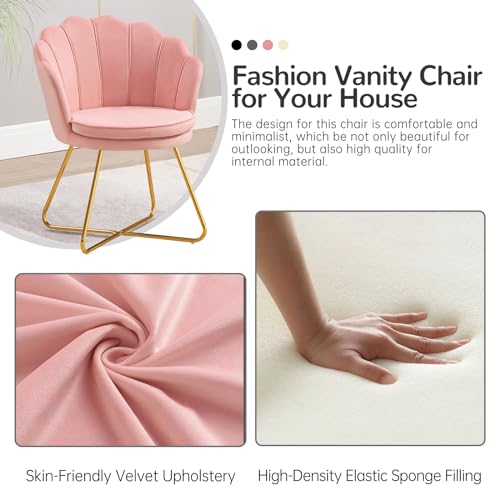 Pink Vanity Chairs, Velvet Makeup Chair for Bedroom, Home Office Desk Chair with Gold Plating Legs, Cute Accent Chair for Makeup Room, Bedroom, Living Room, Guest Reception (Velvet Pink) - view 4