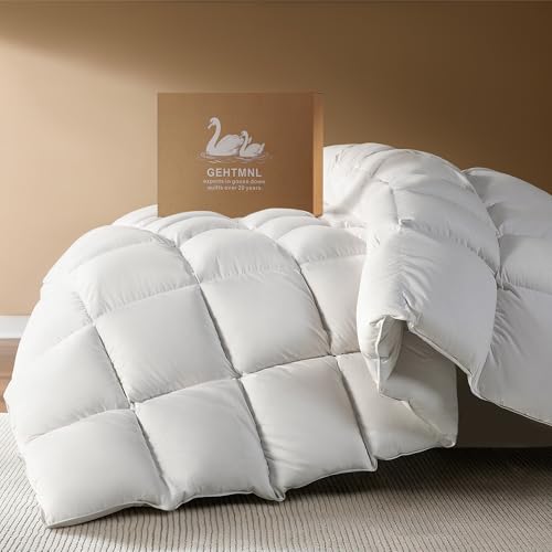 Goose Down Fiber Comforter King Size – All Season Naturally Breathable Down Comforters, Luxury Hotel Collection Duvet Insert with 8 Corner Tabs, Cotton Fabric & Baffle Box (White,65oz Fill)
