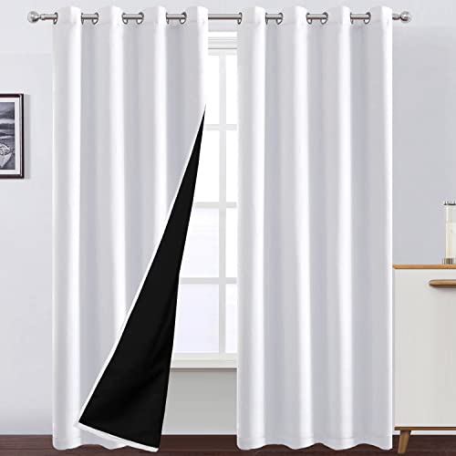 100% Blackout Curtains 52 x 84 Inches Long Thermal Insulated White Curtains with Black Liner Set of 2 Panels for Nursery Room