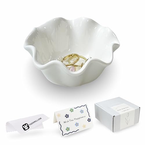 White Flower Jewelry Dish Tray, 3.85″ Lotus Ceramic Ring Holder, Cute Vanity Organizer Nightstand Bathroom Decor, Trinket Plate Dish Christmas Valentine's Mother's Day Birthday Gifts for Women (Plain)