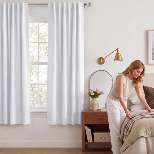 Cold Reducing 100% Blackout Small Window Curtain Panels, Drapes with Black Liner, 45 Inches Drop Thermal Insulated Draperies for Cafe (White, 2 Pieces, 37 inches Wide Each Panel) - view 6