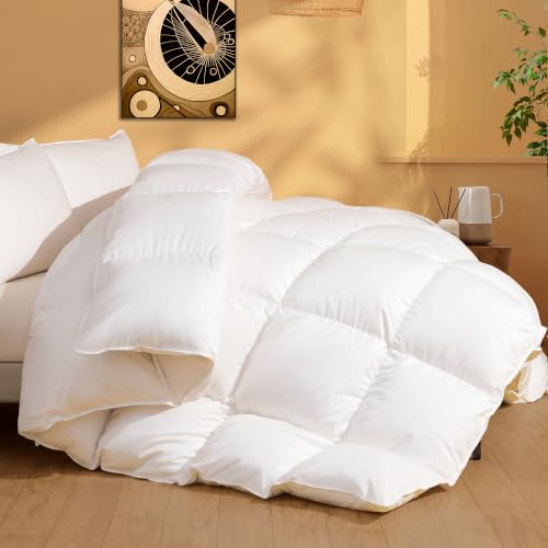 Goose Feather Down Comforter Queen Size, Soft All Season Medium Warmth Duvet Insert, Luxury Hotel Bedding Comforters with 8 Corner Tabs, White, 90 X 90 in.