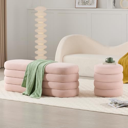 Storage Ottoman Bench Upholstered Fabric Storage Bench for Bedroom End of Bed Aesthetic Large Oval Ottoman for Living Room Entryway (Pink) - view 6