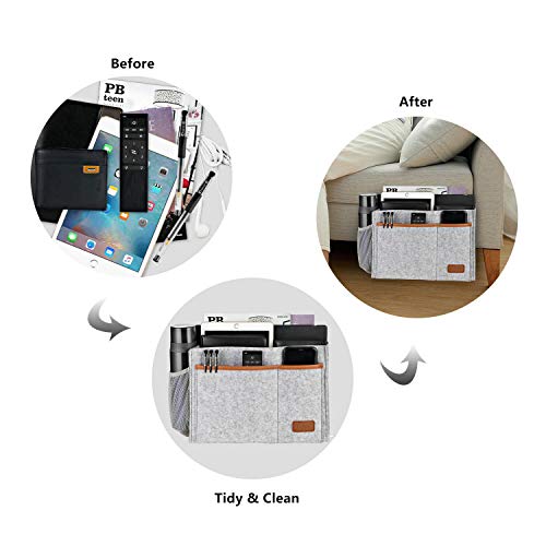 Bedside Caddy, Felt Bed Storage Organizer Hanging Bag Holder with 5 Pockets, Magazine Book Phone Tablet iPad Cables Remote and Water Bottle Holder for Home Dorm Bed Sofa, Light Gray - view 6