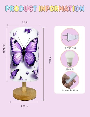 Butterfly Lamp Purple Desk for Kids Lamp,3 Colors Nightstand Light Lamp, Round Wood Base Flaxen Fabric Desk Lamp, Butterfly Light Gift for Gir (LED Bulb Included) (Butterfly) - view 2