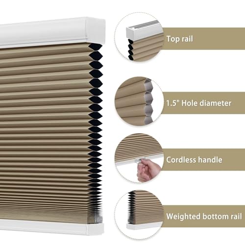 Cellular Shades Door Window Blinds Cordless Blackout, Honeycomb Blind Accordion Shade Room Darkening Indoor Pleated 1.5" Cell Easy to Install, Shade Size 31.5" Width×64" Height, Brown - view 3