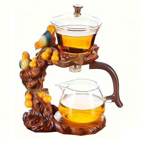 Lazy Kungfu Glass Tea Set Heat Resistant Semi Automatic Drip Rotating with Infuser Magnetic Teapot Set for Gongfu Tea Making Ideal (Gourd Bird)