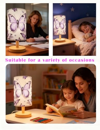 Butterfly Lamp Purple Desk for Kids Lamp,3 Colors Nightstand Light Lamp, Round Wood Base Flaxen Fabric Desk Lamp, Butterfly Light Gift for Gir (LED Bulb Included) (Butterfly) - view 6