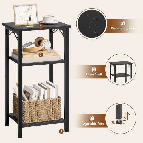 3 Tier Tall Narrow Side Table, Slim Nightstand with Storage Shelves, Space-Saving End Table for Small Areas, Sturdy Metal Frame, for Living Room Bedroom Couch Hallway, Black - view 4