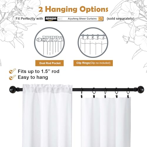 Pure White Curtains 36 Inches Long 2 Panels, Room Darkening Half Window Rod Pocket Privacy Short Curtains, Thermal Insulated Curtain Tiers for Kitchen Bathroom Shades, W40 x L36 Inch - view 2