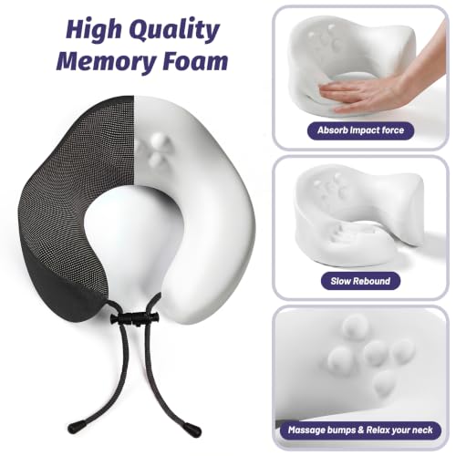 Travel Neck Pillow, Ergonomic Memory Foam Reading Pillow for Ncek Support Travel Sleeping, Airplane Pillow for Long Flight woth Soft Massage Granules & Fold- Black - view 2