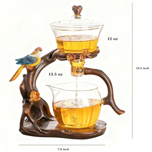Lazy Kungfu Glass Tea Set Heat Resistant Semi Automatic Drip Rotating with Infuser Magnetic Teapot Set for Gongfu Tea Making Ideal (Bird) - view 6