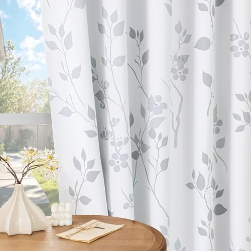 Floral 100% Blackout Curtains for Bedroom Grey White 52X84 2 Panels - view 6