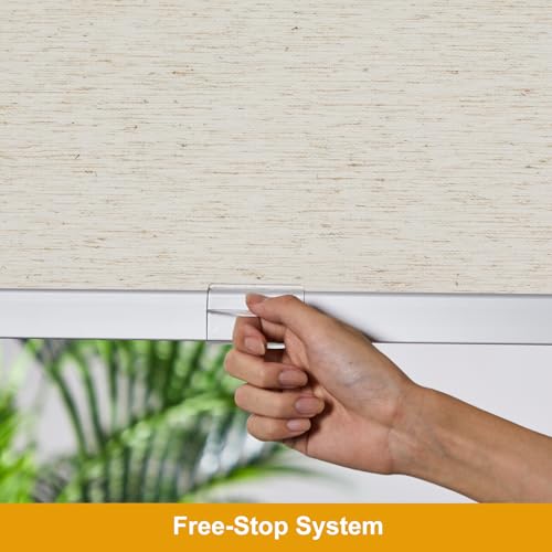 Free-Stop Cordless 100% Blackout Roller Shades for Indoor Windows, Natural Woven Fabric UV Protection Privacy Thermal Insulated Roller Window Shades for Home, Bedroom, Cream 34.5" W x 72" H - view 3